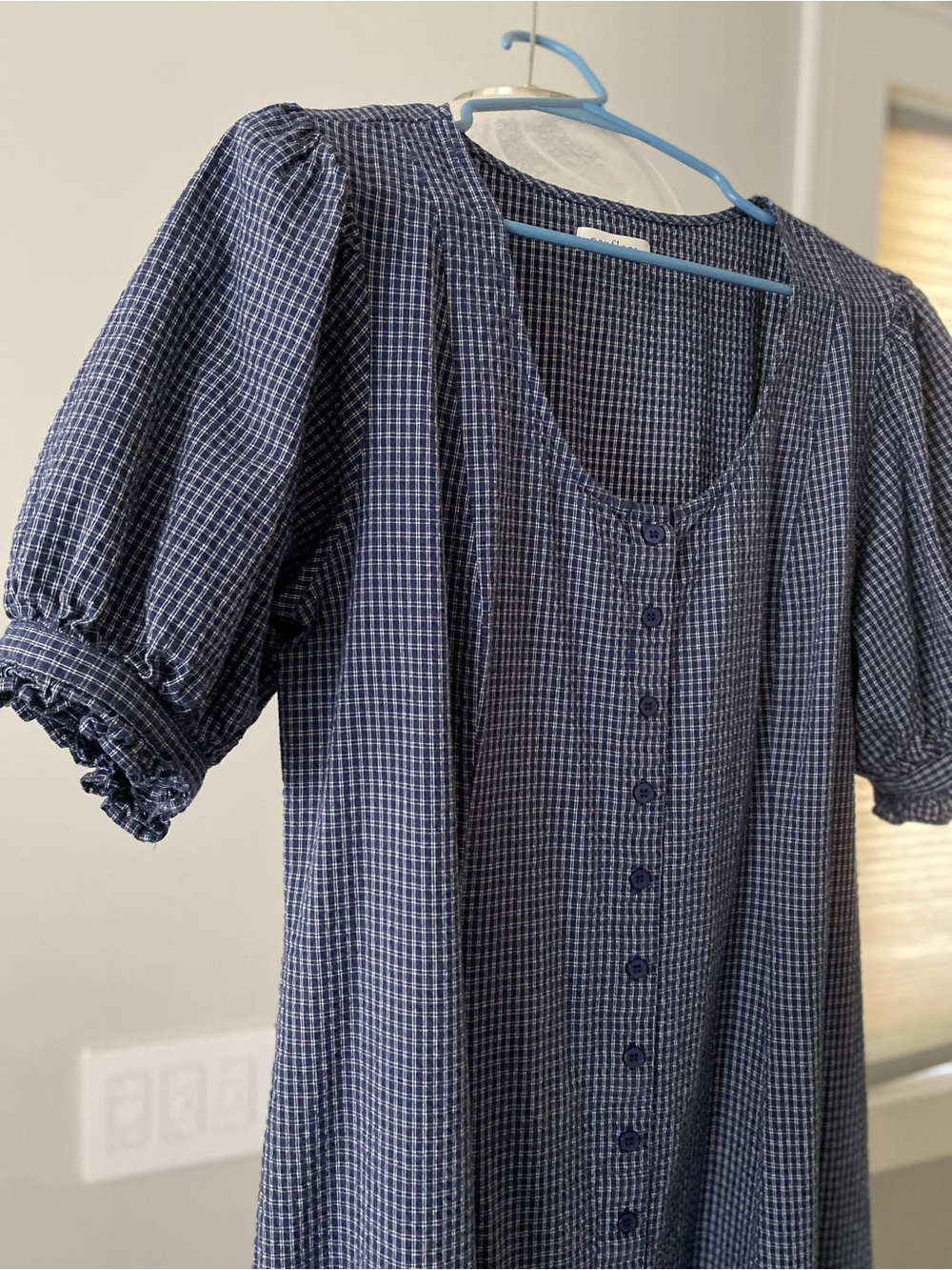 Navy Gingham Button-Front Midi Dress with Puff Sleeves - Picture 3 of 6